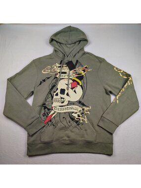 NEW Ed Hardy Death Before Dishonor Hoodie Mens M Olive Green Tattoo Skull